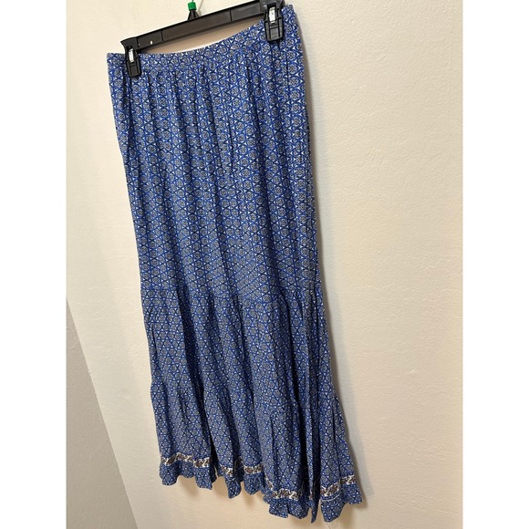 MAX Studio London Blue Print Maxi Skirt Boho Tiered Ruffle Trim Small - Picture 5 of 7